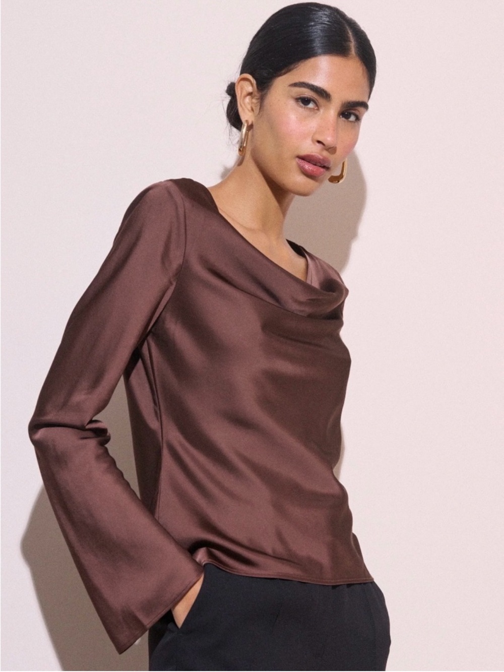 Bob Mackie Studio 100% SILK Cowl-Neck Long Sleeve Top in Brown